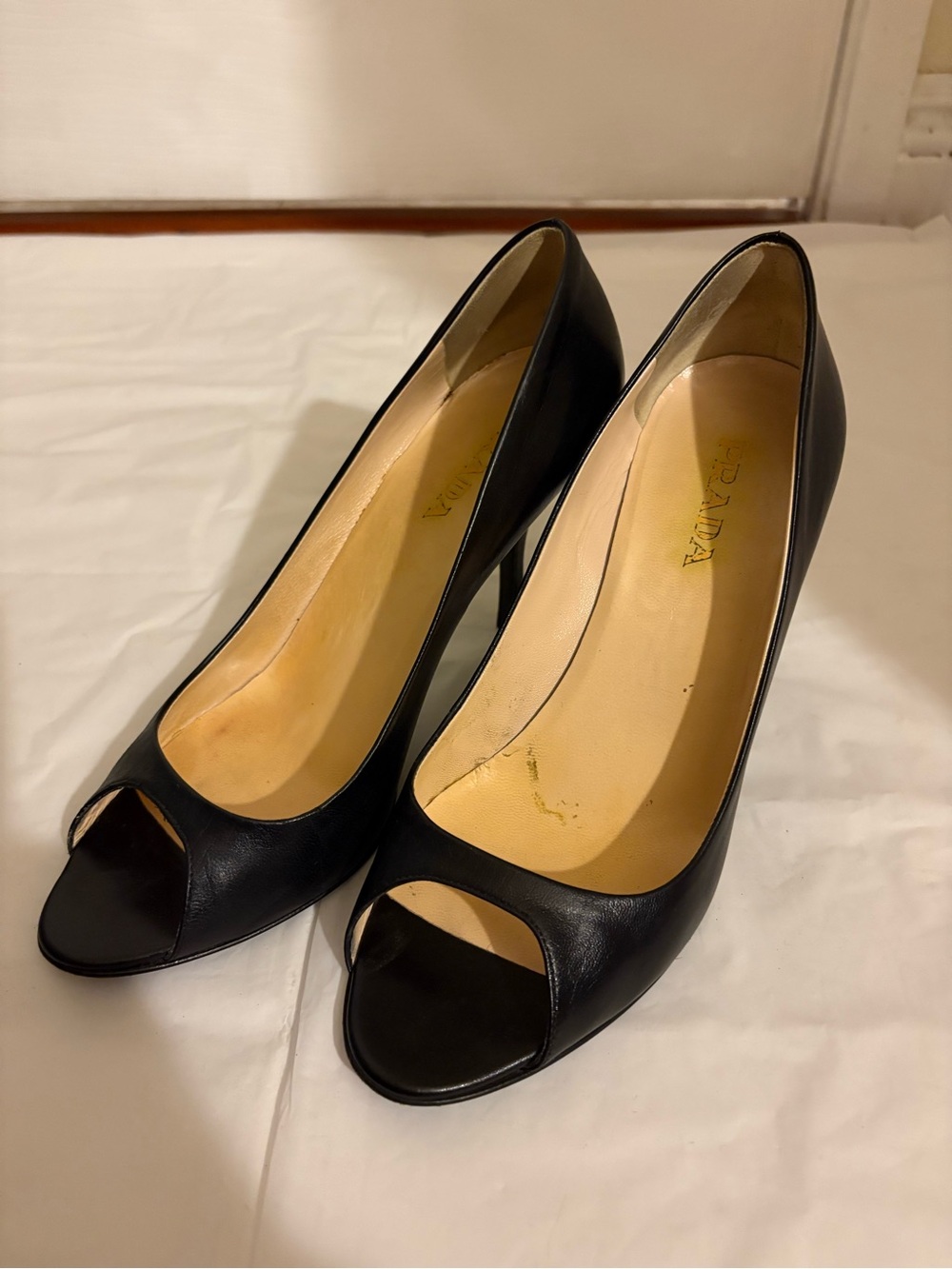 PRADA black leather peep toe heels